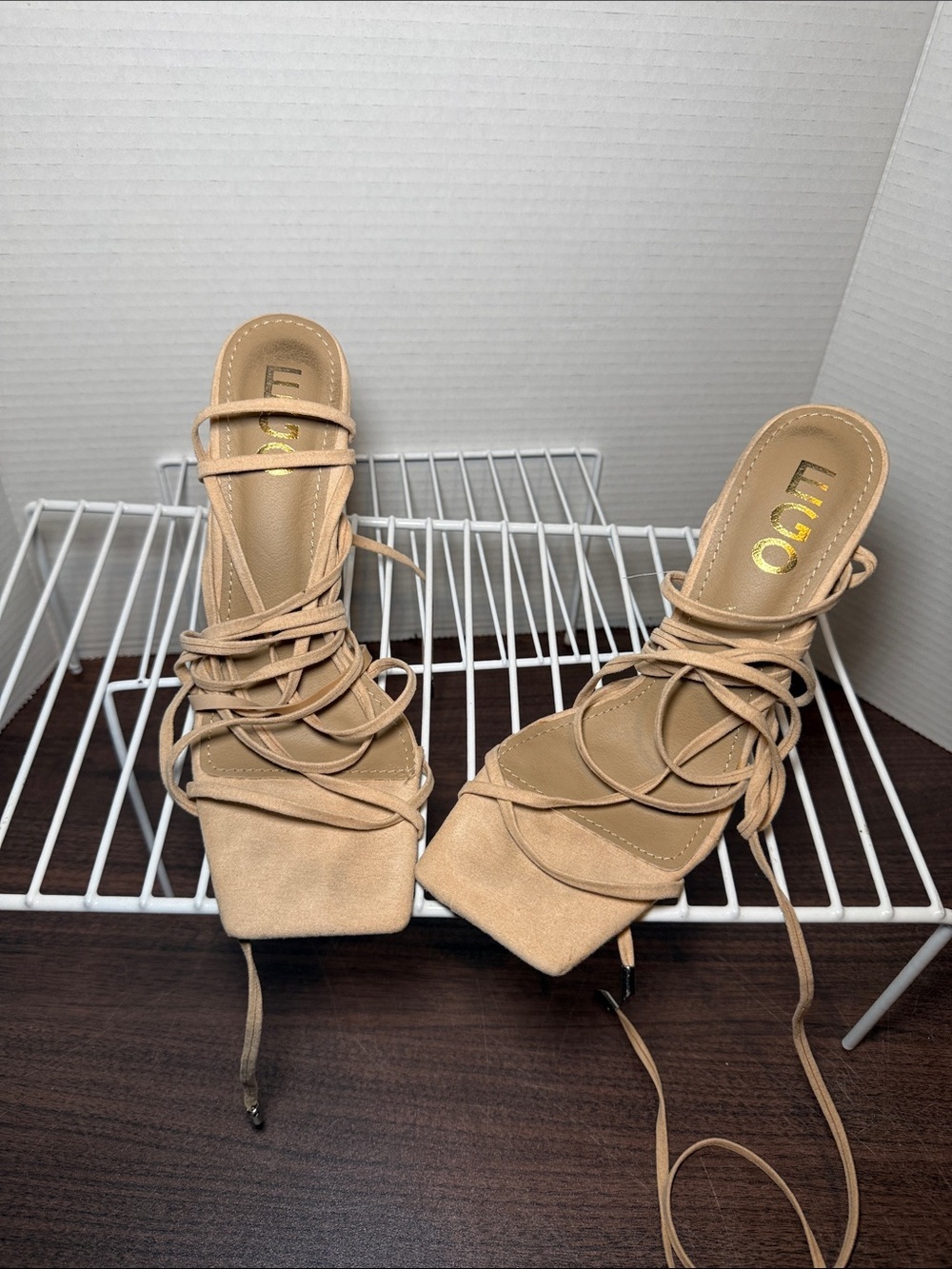 EGO Tan Strappy Square-Toe Lace-Up Heels Sandals Size 5